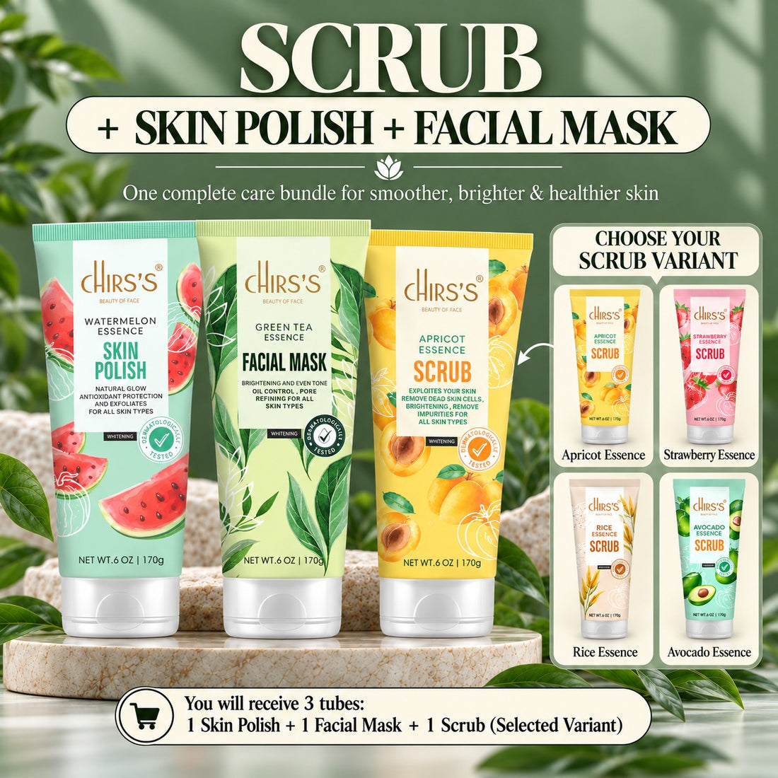 CHIRS’S pack of 3 with Watermelon Skin Polish, Green Tea Facial Mask and one scrub in Apricot, Strawberry, Rice or Avocado variety