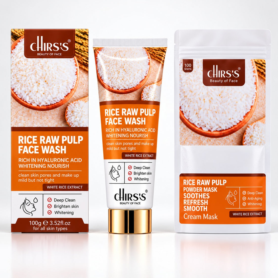 CHIRS’S Rice Raw Pulp face wash 100g and face mask 100g with white rice extract, pack of 2