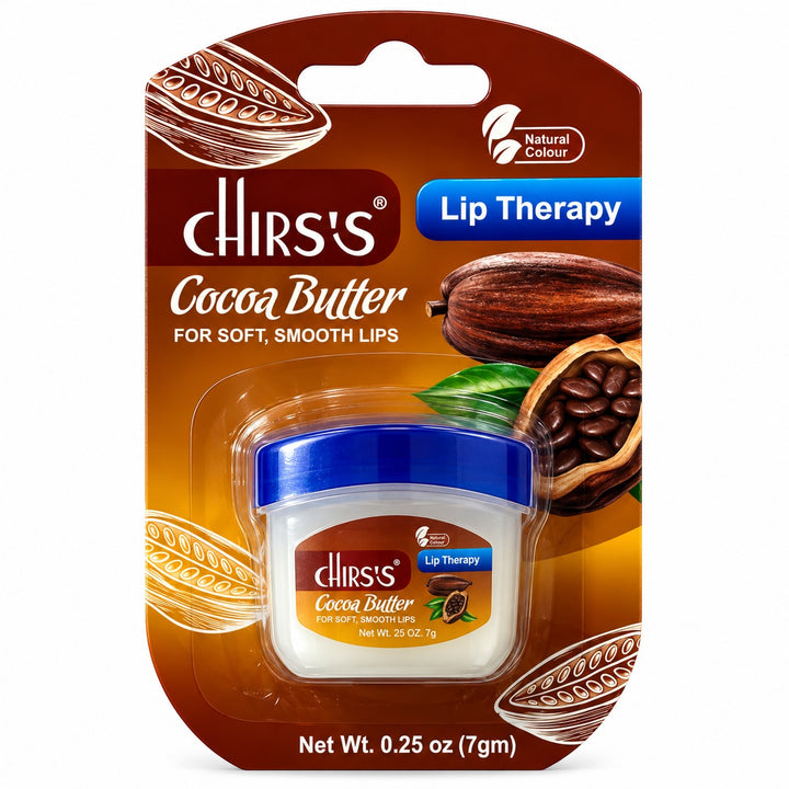 CHIRS’S Cocoa Butter Lip Therapy lip balm 7g jar with blue lid in brown and gold blister packaging