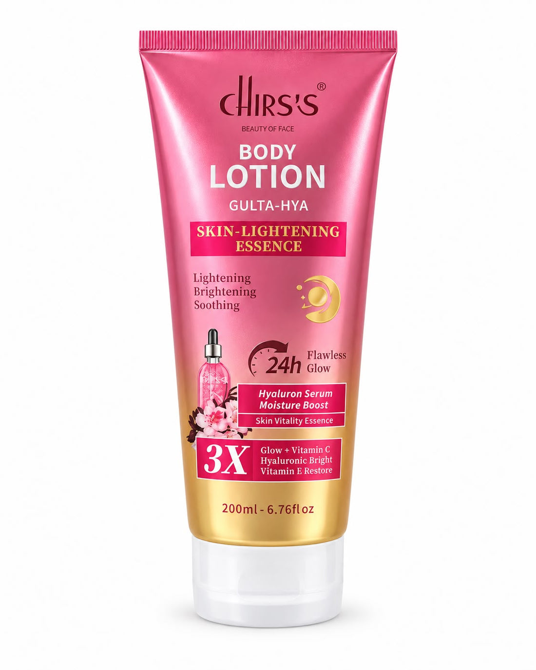 CHIRS’S Gulta-Hya Skin Vitality Body Lotion 200ml in a pink and gold flip-cap tube