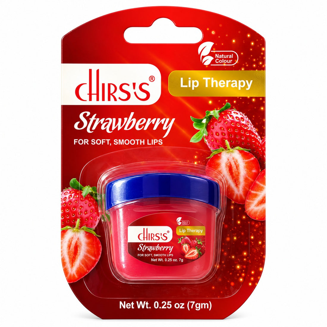 CHIRS’S Strawberry Lip Therapy lip balm 7g jar with blue lid in red strawberry-themed blister packaging