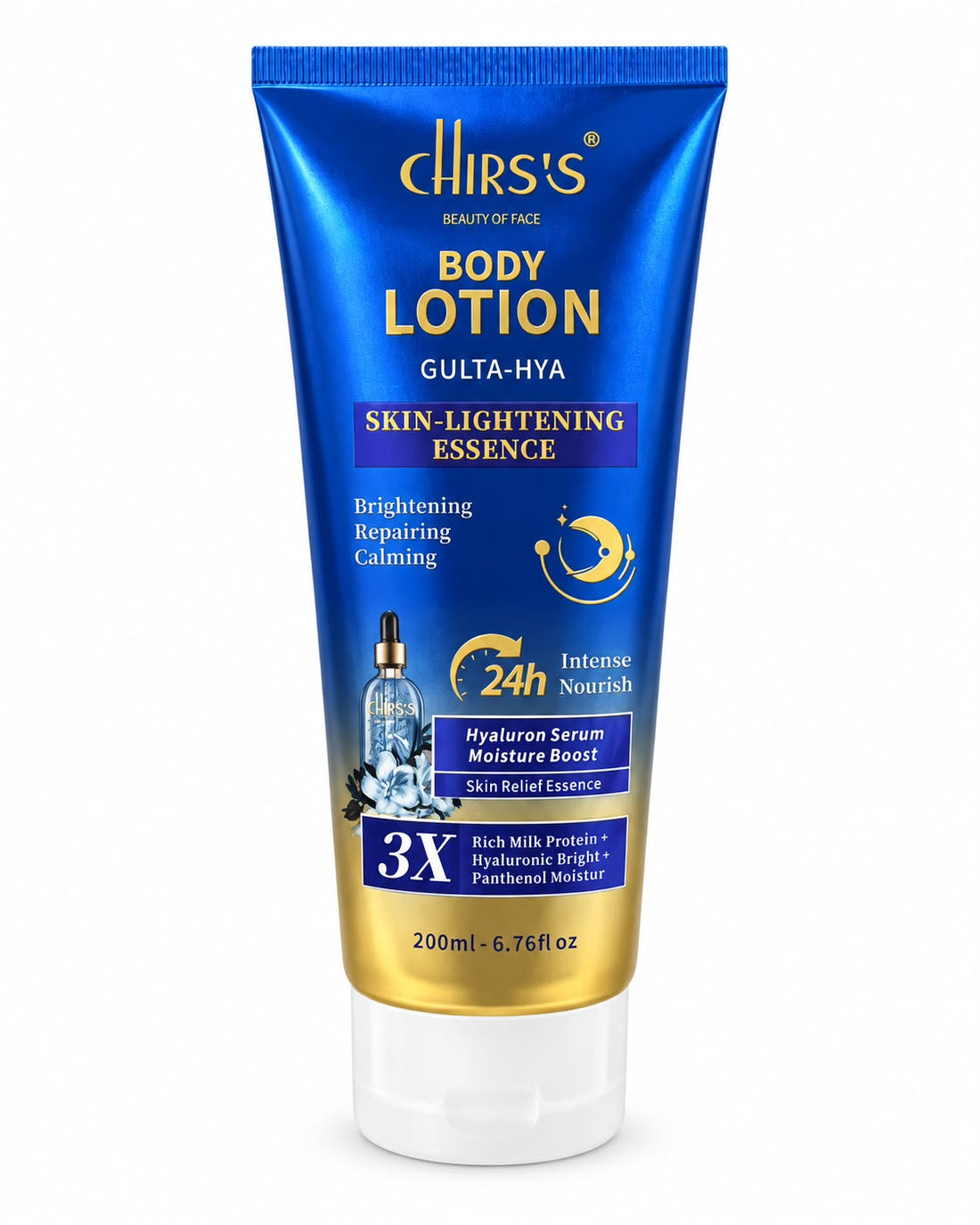 CHIRS’S Gulta-Hya Skin Relief Body Lotion 200ml in a blue and gold flip-cap tube