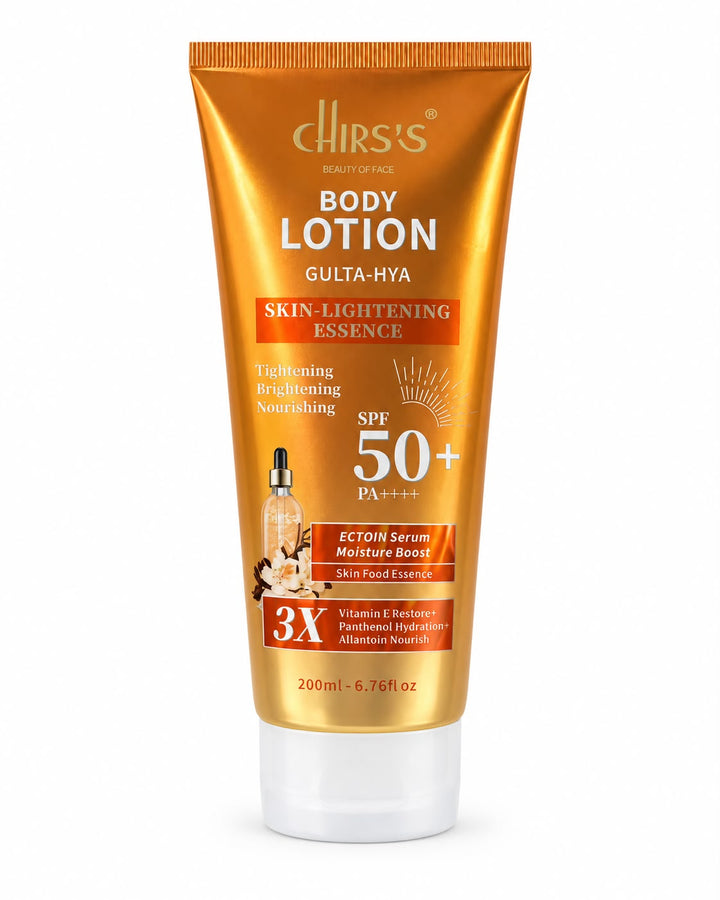 CHIRS’S Gulta-Hya Skin Food Body Lotion 200ml orange and gold tube with SPF 50+ and PA++++ on the label