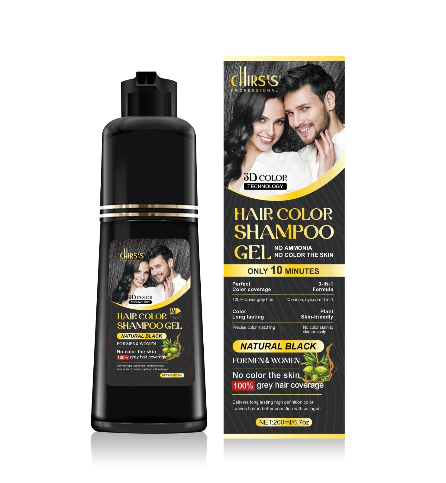 Chris's Professional 3D 2 in 1  Hair Color Shampoo Gel –  No Ammonia | 100% Grey Coverage | For Men & Women | 200ml