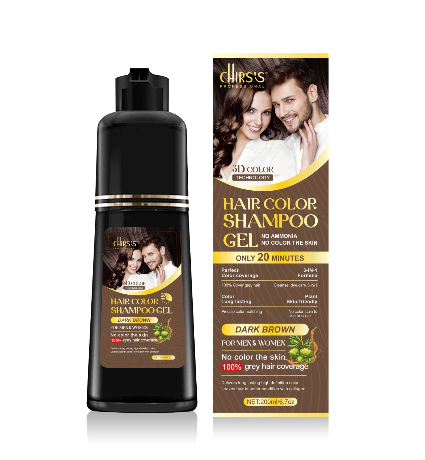 Chris's Professional 3D 2 in 1  Hair Color Shampoo Gel –  No Ammonia | 100% Grey Coverage | For Men & Women | 200ml