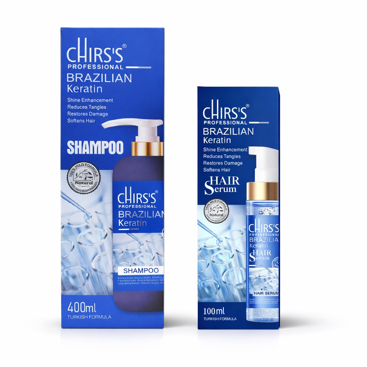 Chirs's Brazilian Keratin Shampoo + Hair Serum Bundle (2 Pcs)