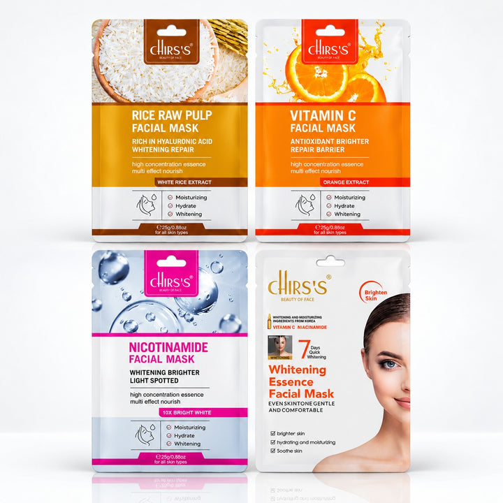 CHIRS’S pack of 4 facial sheet masks: Rice Raw Pulp, Vitamin C, Nicotinamide and Whitening Essence