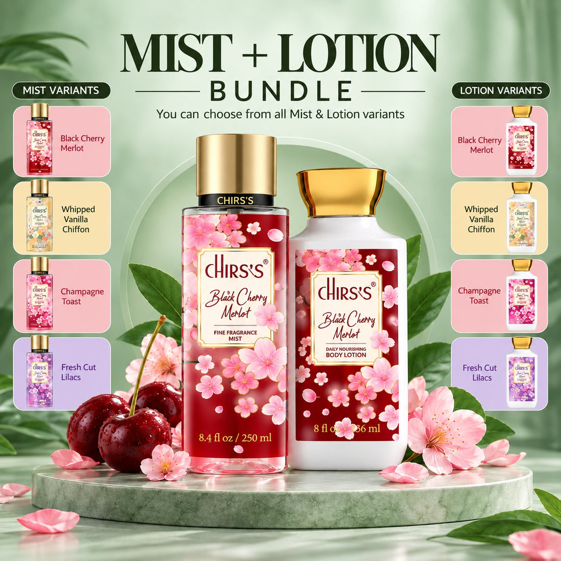 CHIRS’S body mist and lotion bundle with Black Cherry Merlot, Whipped Vanilla Chiffon, Champagne Toast and Fresh Cut Lilacs fragrance range