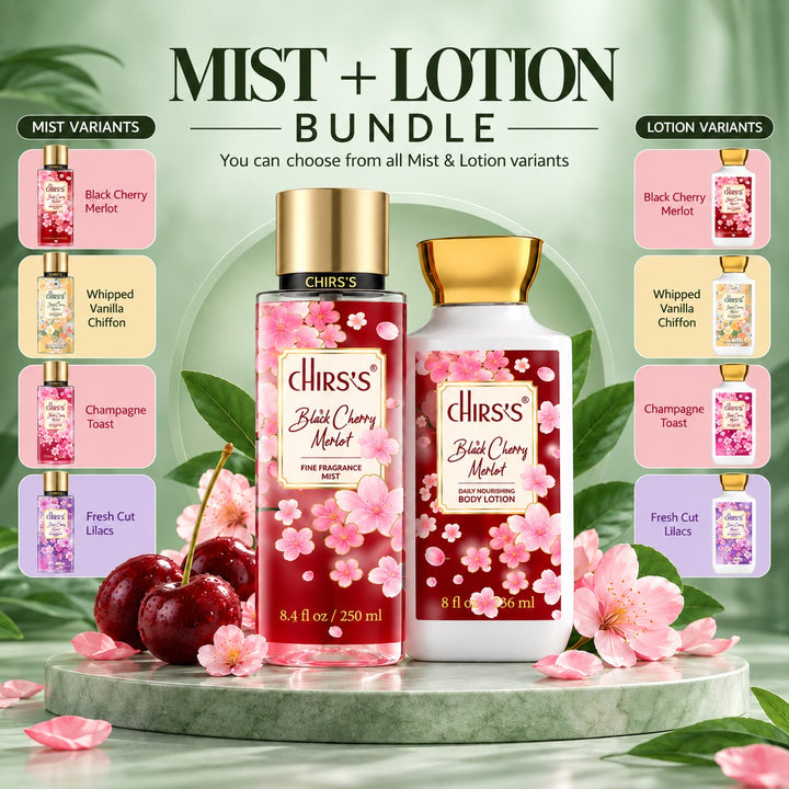 CHIRS’S body mist and lotion bundle with Black Cherry Merlot, Whipped Vanilla Chiffon, Champagne Toast and Fresh Cut Lilacs fragrance range