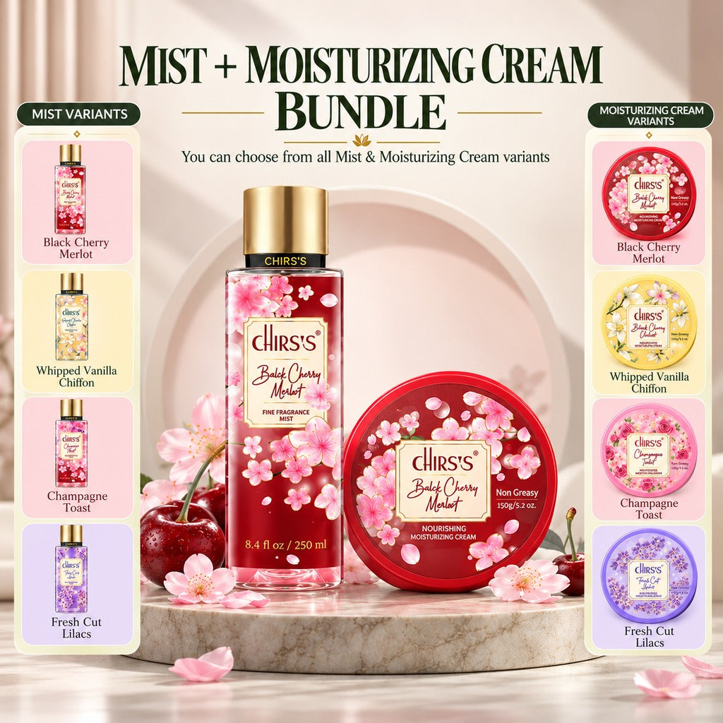 CHIRS’S Black Cherry Merlot body mist and moisturizing cream pack of 2 with four fragrance options pictured