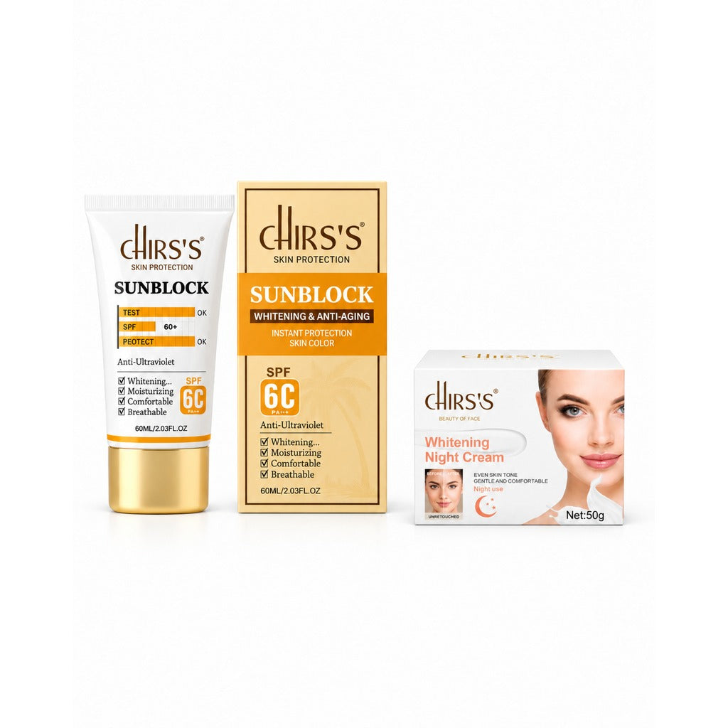 CHIRS’S Sunblock 60ml labelled SPF60+ and Whitening Night Cream 50g, pack of 2 bundle