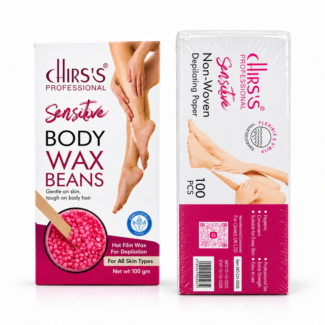 CHIRS’S Sensitive Body Wax Beans 100g and Non-Woven Depilating Paper 100 PCS, pack of 2 bundle