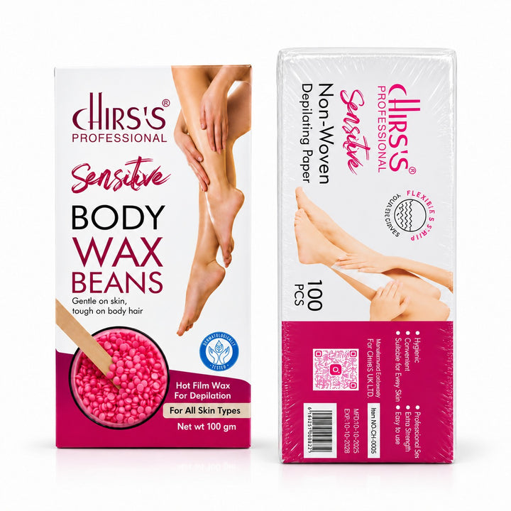 CHIRS’S Sensitive Body Wax Beans 100g and Non-Woven Depilating Paper 100 PCS, pack of 2 bundle