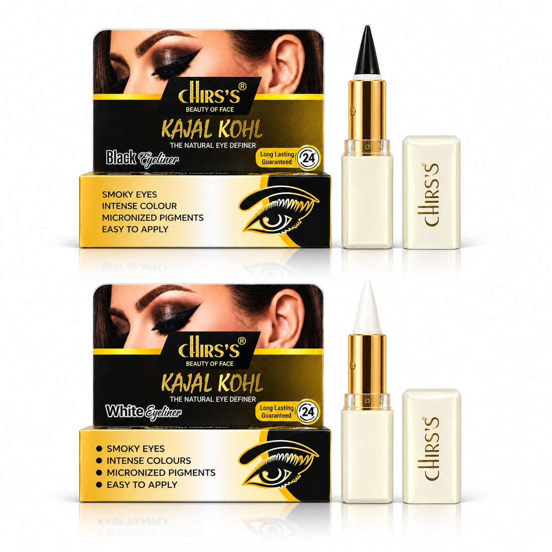 CHIRS’S Black and White Kajal Kohl Eyeliner pack of 2 with capped cases and individual retail packaging