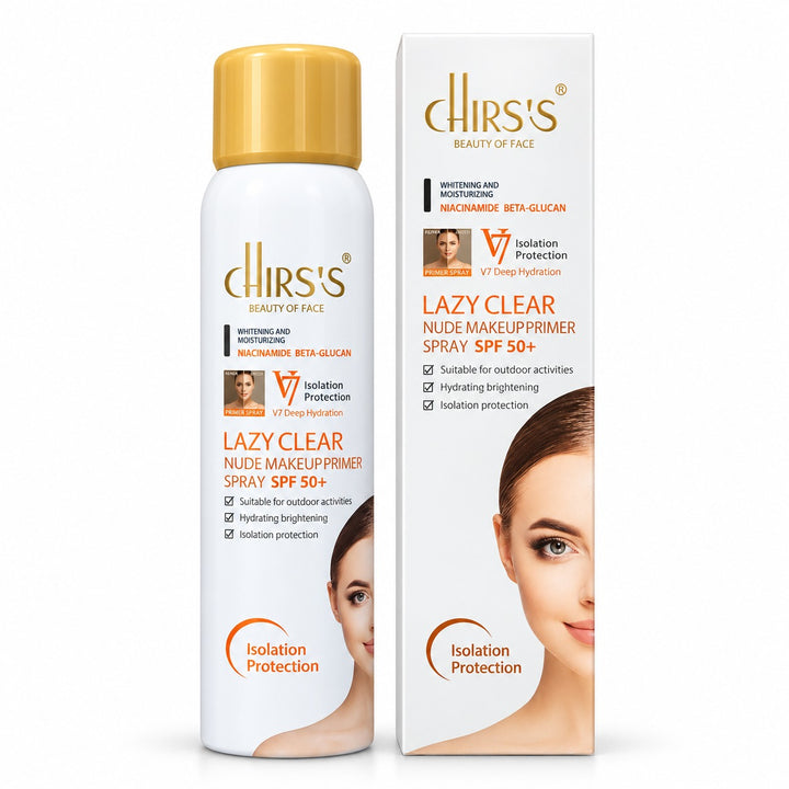 CHIRS’S Lazy Clear Nude Makeup Primer Spray white bottle with gold cap and retail box