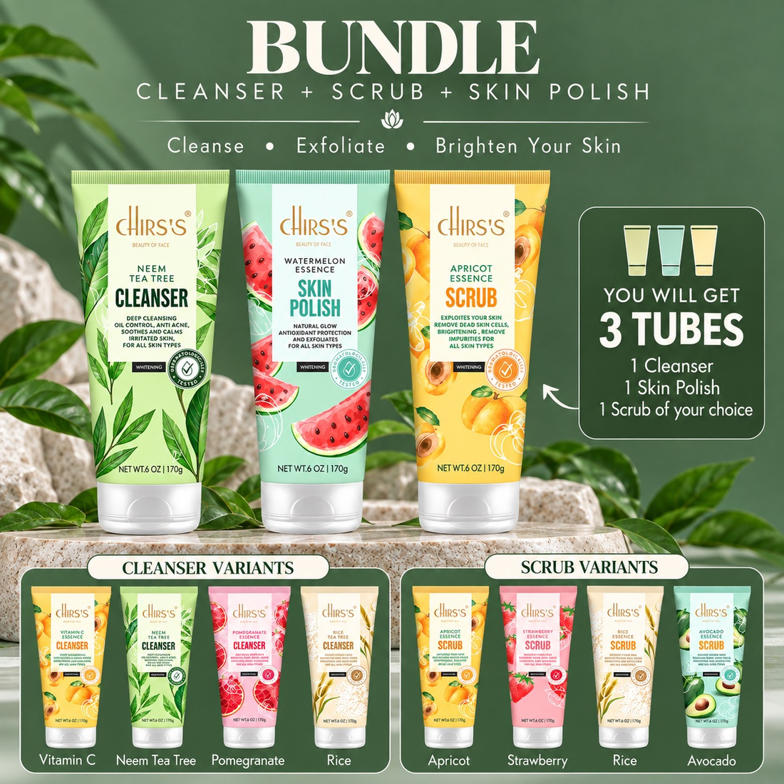 CHIRS’S pack of 3 cleanser, Watermelon Skin Polish and scrub with four cleanser and four scrub varieties pictured