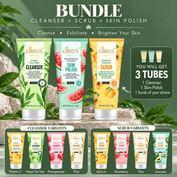 CHIRS’S pack of 3 cleanser, Watermelon Skin Polish and scrub with four cleanser and four scrub varieties pictured