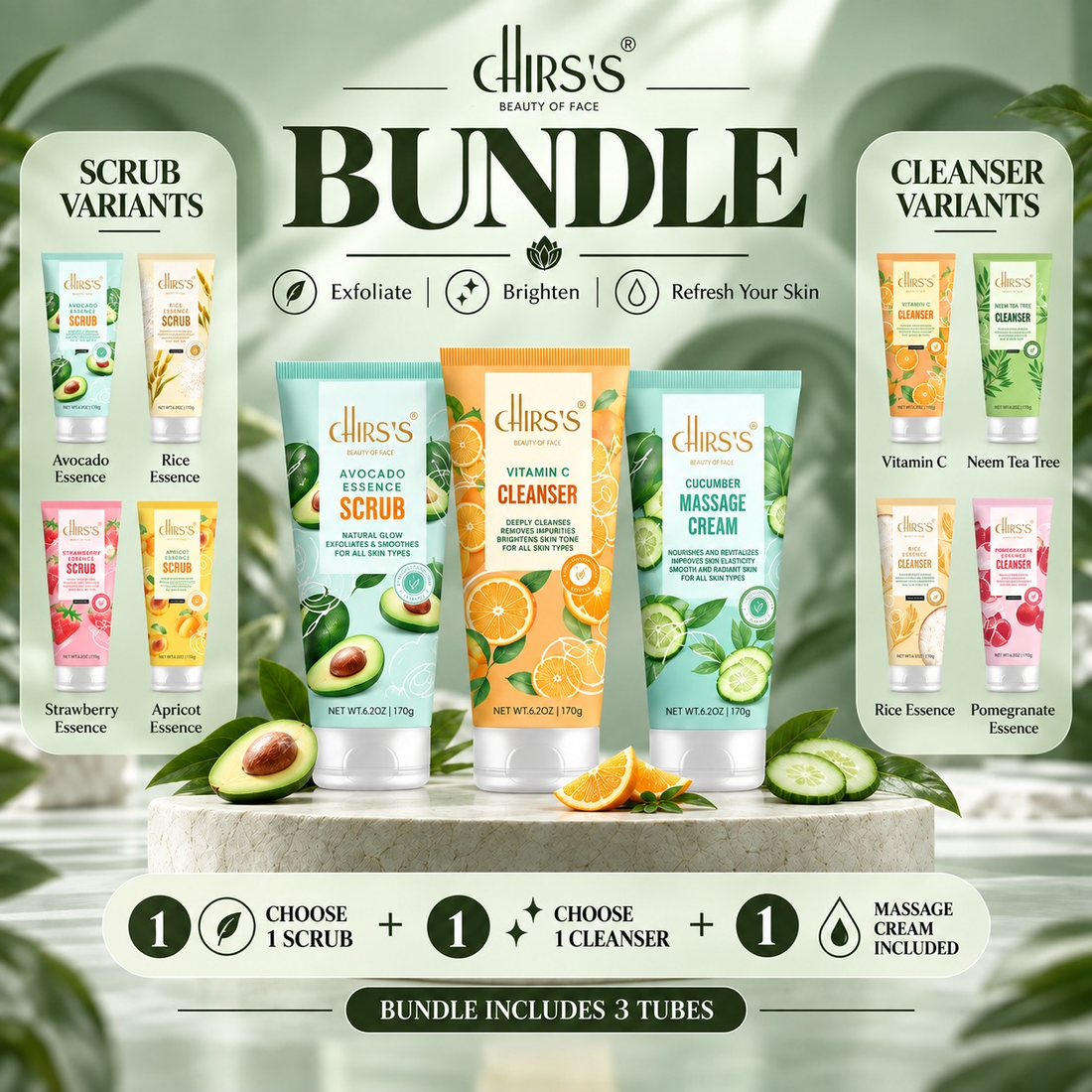 CHIRS’S pack of 3 with cleanser, scrub and Cucumber Massage Cream, with four cleanser and four scrub varieties pictured