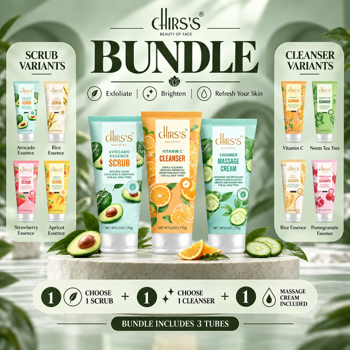 CHIRS’S pack of 3 with cleanser, scrub and Cucumber Massage Cream, with four cleanser and four scrub varieties pictured
