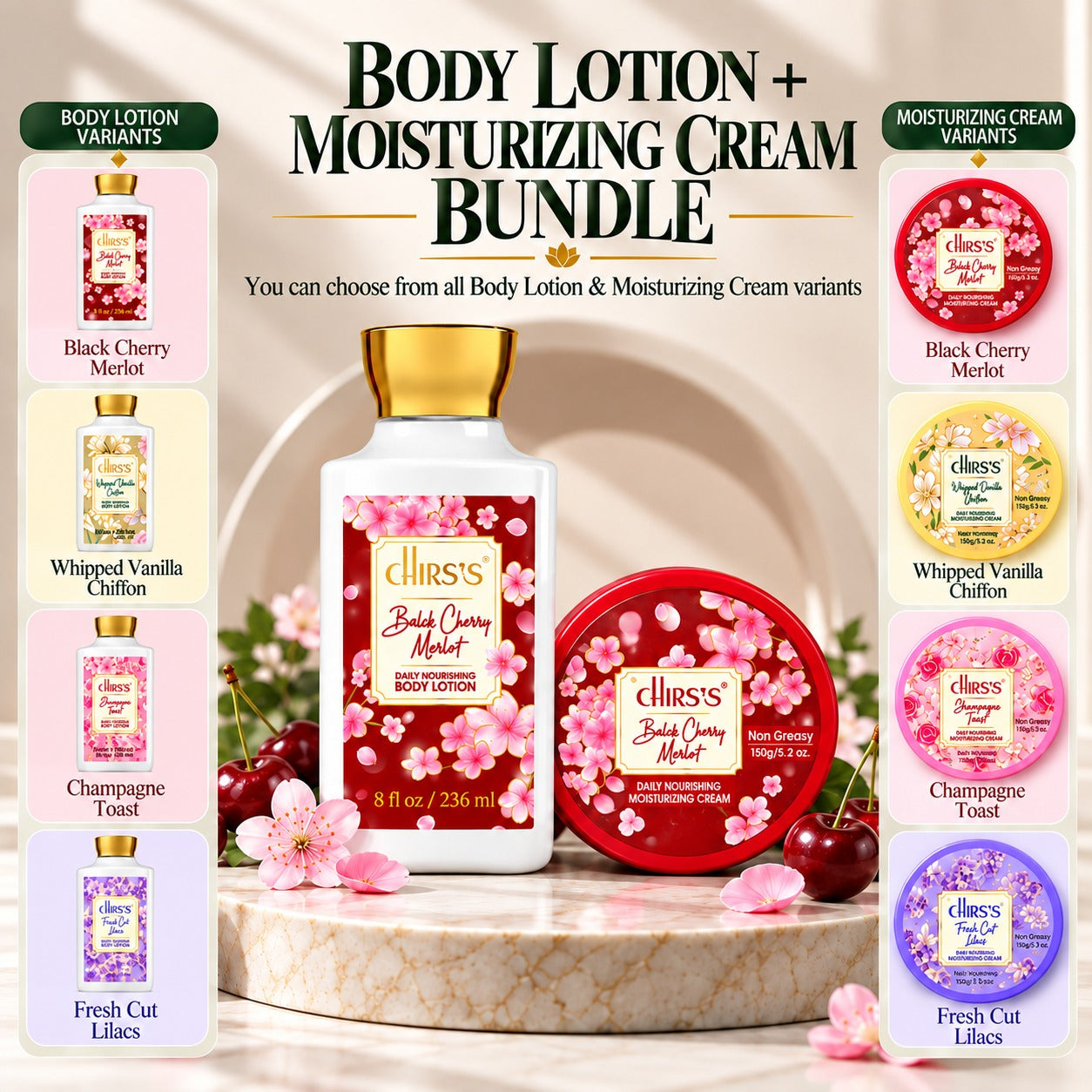 CHIRS’S Black Cherry Merlot body lotion and moisturizing cream bundle, pack of 2, with four fragrance varieties pictured