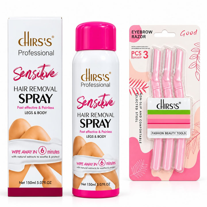 CHIRS’S Sensitive Hair Removal Spray 150ml with a set of 3 pink eyebrow razors, pack of 2 bundle