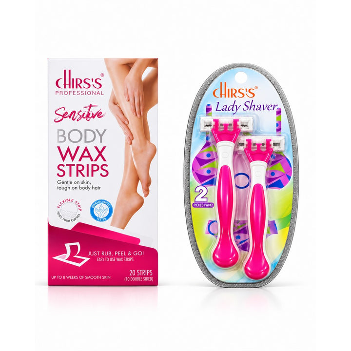 CHIRS’S Sensitive Body Wax Strips box with 20 strips and a set of 2 pink manual lady shavers, pack of 2 bundle